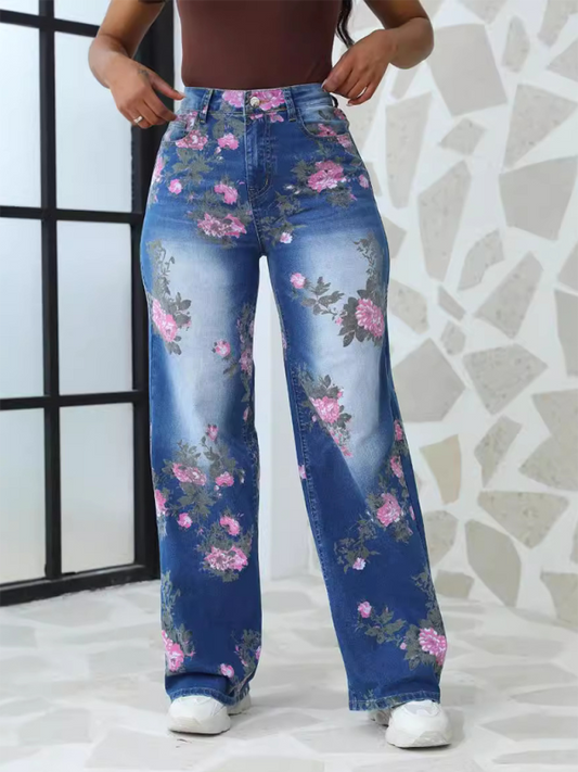 RAE-DAZZLE Floral Wide-Leg Denim Pants