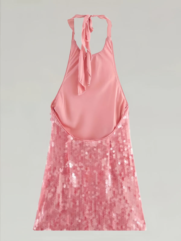 RAE-DAZZLE Pink Sequin Backless Mini Dress