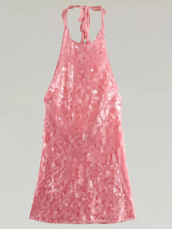 RAE-DAZZLE Pink Sequin Backless Mini Dress